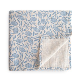 mushie Muslin Baby Swaddle Blanket | 100% Organic Cotton (Blue Flowers)