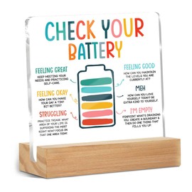 Inspirational Gifts for Women Men Coworkers, Mental Health Therapist Office Desk Decor Clear Acrylic Sign, Therapist Office Art Decor for Desk Gadgets Tabletop Cubicle, Check Your Battery