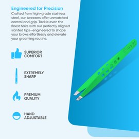YNR Tweezers for Facial Hair Women – Stainless Steel Slanted Eyebrow Tweezer for Precision Hair Plucking, Chin, Ingrown Hair, Splinters & Tick Remover for Men & Women | (Green)