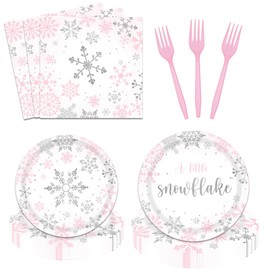96PCS Winter Snowflake Party Tableware Set A Little Snowflake Party Supplies Silver Pink Snowflakes Girl Baby Shower Party Decorations Plates Napkins Forks Winter Birthday Dinnerware Favors for Girls