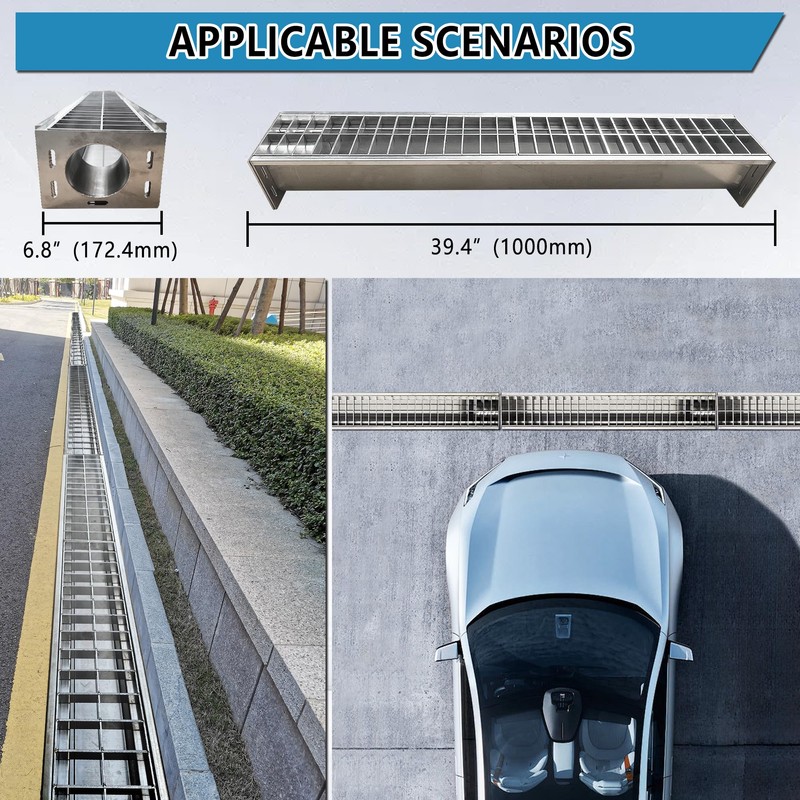Stainless Steel Channel Drain 39.4"×6.8"×5.1" Durable Trench Drain System with