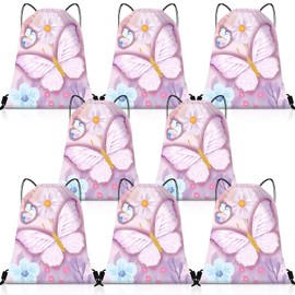 Weewooday Pack of 8 Gym Bags Girls Butterfly Drawstring Bag Kids Butterfly Reusable Butterfly Gift Bags for Children Girls Birthday Butterfly Party Accessories