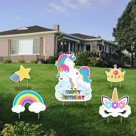 kakayishu 5PCS Unicorn Happy Birthday Yard Sign, Outdoor Lawn Decorations Girls Birthday Colorful Unicorn Yard Signs with Stakes for Home Party Decorations