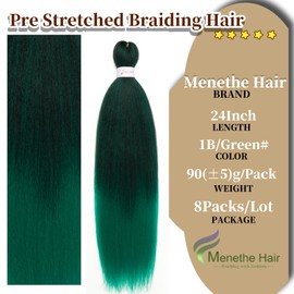 Ombre Natural Black to Green Pre stretched Braiding Hair 8 Packs 24 Inch Synthetic Braiding Hair Prestretched Natural Easy Twist Braids Soft Yaki Straight Texture (#1B/GREEN)