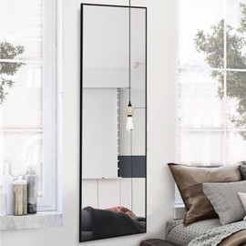 NeuType 59"x16" Full Length Mirror with Standing Holder Aluminum Alloy Frame Floor Mirror Wall-Mounted Mirror for Living Room, Bedroom, Hanging or Leaning Against Wall, Black (with Stand)