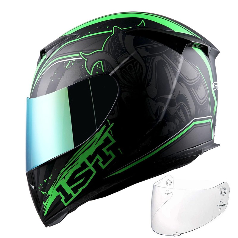 1STorm Motorcycle Full Face Helmet Skull King Matt Green+ One