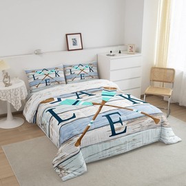 Castle Fairy Rowing Oar Comforter Set for Kids Room Decor Blue Brown Wooden Stripes Bedding Comforter Twin Size Lodge Cabin Rustic Style Soft Polyester Quilt Set with 1 Pillowcase