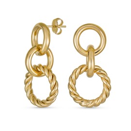 Classic Twisted Rope Braid Cable Light Weight Door Knocker Style 3 Tier Circle Hoop Earrings For Women Teen Yellow Gold Plated Brass 1.70 Inch