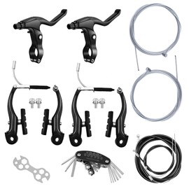 Qcdou Bike Brakes Set, V-Type Bicycle Brakes, Universal Front and Rear Bicycle Brakes, Bike Tools Set Includes Inner and Outer Callipers Cables Lever Kit, Multi-Tool Wrenches(Black)