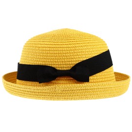 SEWACC Womens Wide Straw Panama Hat Bowknot Roll- up Dome Straw Sun Hat Fashion Bowler Hat Summer Hat Beach Hat for Women Girls (Yellow)