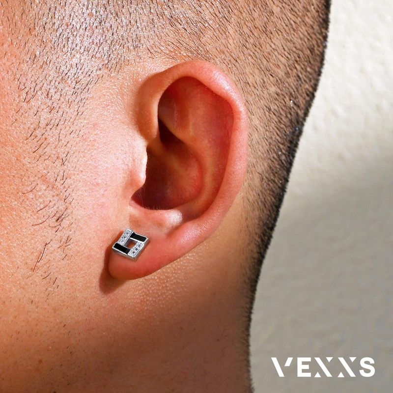 VEXXS Men's Earrings, 925 Silver, CZ Diamond, K14, Simple, Gold,