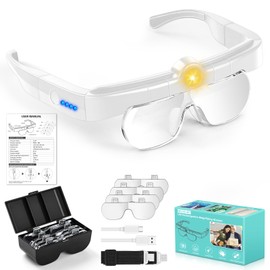 Magnifying Glasses with Lights, 5X 3.5X 2.5X 1.5X Flip-up Rechargeable Hands Free Headband Magnifying Glasses for Close Work with 3 Color Temperature,Professional Jeweler's Loupe Lighted Magnifiers W