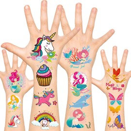 Leesgel Tattoo Children's Girls, 49 Styles Metallic Glitter Temporary Tattoos Girl with Unicorn Mermaid Butterfly Fairy Rainbow Party Bag Children's Birthday Decoration Girls Party Decoration