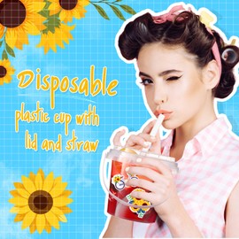 Funnymoom 30 Sets Clear Plastic Cups 24 oz Ice Cream Buckets with Lids & Straws Disposable Drink Cups Cocktail Pails Bulk with Handles and Stickers for Outdoor Beach Birthday Pool Party (Sunflower)