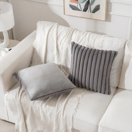 BBiggood Grey Throw Pillow Covers 16x16 Set of 2, Soft Cozy Velvet Striped Decorative Cushion Covers Faux Rabbit Fur Pillow Covers, Home Decor Pillow Covers for Couch Sofa Livingroom.