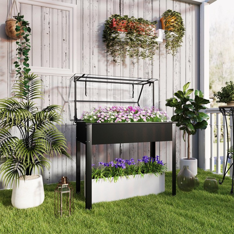 Outsunny Raised Garden Bed with Flip-Up Greenhouse Cover, Elevated Planter