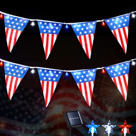 WBao Solar 4th of July Decorations 16.4ft Patriotic String Lights with 20 American Flags & 50 LED Red White Blue Stars, Waterproof Stars Lights with 8 Modes, Timer for 4th of July & Memorial Day Decor