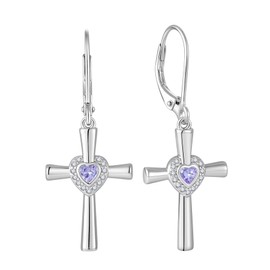Raymard Cross&Heart Leverback Earrings for Womens, 925 Sterling Silver Dangle Drop Heart Cut Birthstone Christian Jewelry for Women, Created Alexandrite
