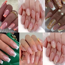 6 Packs (144 Pcs) Press on Nails Fake Nails Glue on Nails Set with Adhesive Tabs Nail File for Women (6in1 Nail-E, Medium)