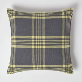 HOMESCAPES Large Grey & Yellow Tartan Cushion Cover 100% Cotton, 24 x 24 Inches or 60cm x 60cm, A Great Fit for Sofa or Settee Cushion Cover, or as Display Cushion Cover for your Bed or Conservatory