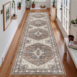 3x12 Washable Hallway Runner Rug: Oriental Living Room Entryway Wide Area Rug Ultra Soft Non Slip Runners for Kitchen Dining Room Stain Resistant Low Pile Floor Mat for Bathroom Bedroom(Brown,3x12)