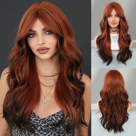 TRUMOST Copper Red Wig with Curtain Bang 26 Inch Ombre Auburn Wig with Brown Hair Tail Dye Wig Natural Synthetic Heat Resistant for Women Daily Party used.