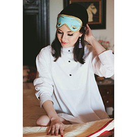 Utopiat Audrey Style Sleep Mask and Earrings Set | Silk Blue Eye Mask | Elegant Purple Tassel Dangle Earrings | Sleep Accessory Set for Sleep costume