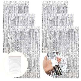 ZOCONE 6 Pack Silver Tinsel Curtains 6.6ft x 3.3ft Foil Fringe Curtain Tinsel Backdrop Door Curtain Party Decoration, Silver Foil Curtain Backdrop for Birthday Curtain Party Wedding Holiday(Free Bag)