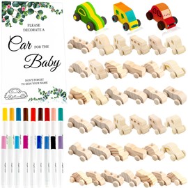 Feradny 42 Pcs Baby Shower Decorate a Block Game Wood DIY Car Toy Set Includes 40 Unfinished Wooden Car Crafts Painting with 18 Colors Painting Markers (Color Style 2)