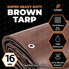 Xpose Safety Super Heavy-Duty 10' x 12' Brown Poly Tarp (2-Pack) - 16 Mil Waterproof & UV Resistant, Rip-Proof with Reinforced Edges & Grommets