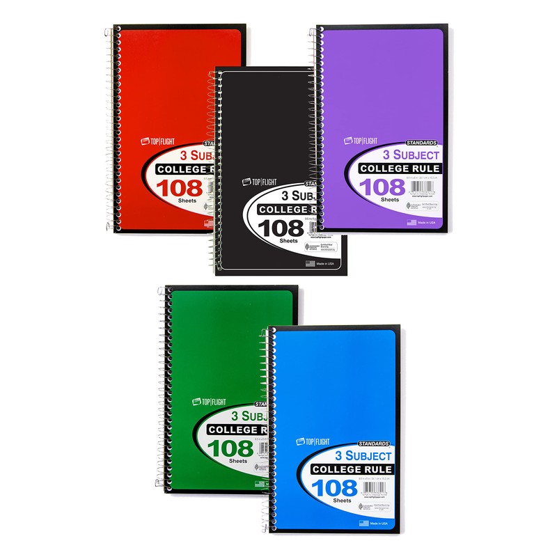 Top Flight Standards 3-Subject Wirebound Notebook, 108 Sheets, College Rule,