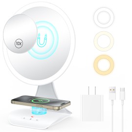 Gospire 9" Large Lighted Makeup Mirror with Wireless Charging, 2800mAh Rechargeable Vanity Mirror with Detachable 10X Magnification Mirror, 3 Color Lights, 60°Rotation, Standing Mirror for Desk