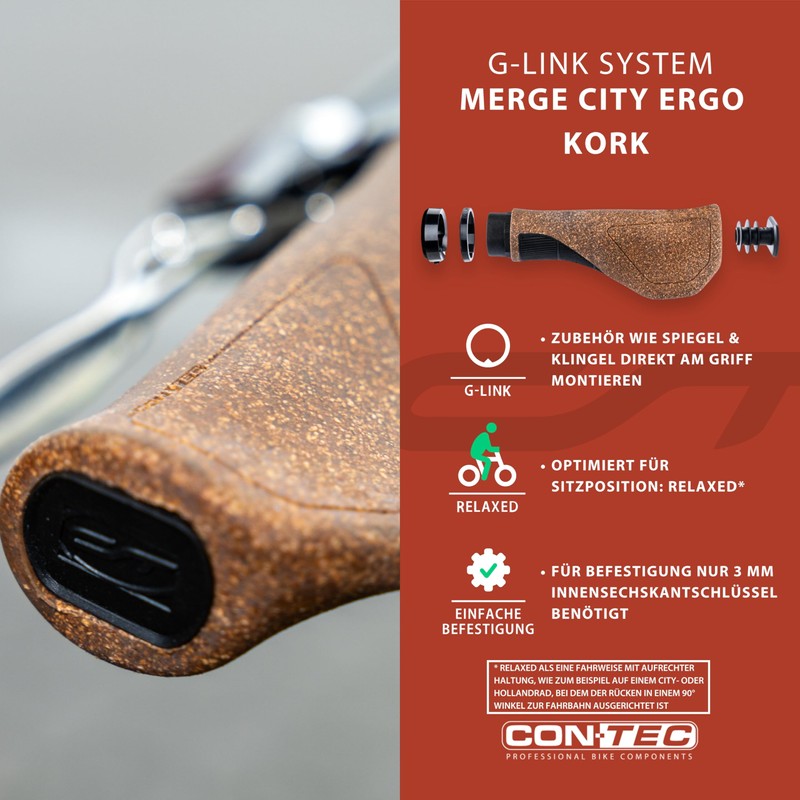 CONTEC Bicycle Grip Merge City Ergo Cork, D3 Tri-Component Rubber,