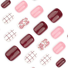 24Pcs Flower Press on Nails Short Square Fake Nails Wine Red Pink False Nails Spring Floral Check Nail Designs Stick on Nails Full Cover Flowers Nails Press ons Acrylic Nails for Women Girls