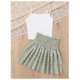 RoseSeek Girl's 2 Piece Outfits Lace Ruched Camisole Tops and Shirred High Waisted Layered Floral Skirts Set White and Green 9Y