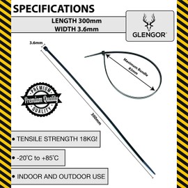 Glengor Black Cable Ties - Pack of 100 | 300 x 3.6mm | Multi-Purpose Plastic Heavy Duty Zip Wrap | Thin, Easy to Use, Security Cable Ties for Home, Garden, Office, DIY, Industrial, Events & Tool Kit