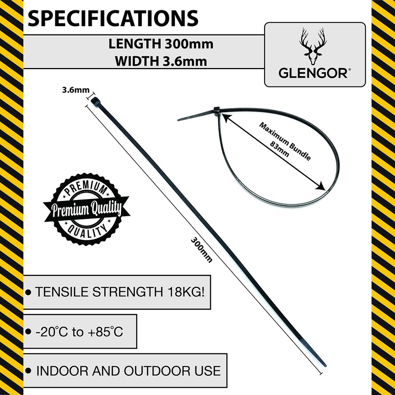 Glengor Black Cable Ties - Pack of 100 | 300