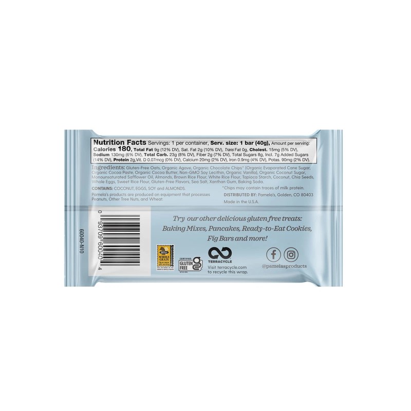 Pamela's Oat Chocolate Chip Coconut Snack Bars 5 Count Gluten