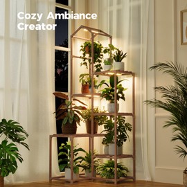 Bamworld Roof-Shaped Plant Stand with Grow Lights for Haning Planter Corner Plant Shelves for Multiple Plants Display Living Room Pation Garden Decor