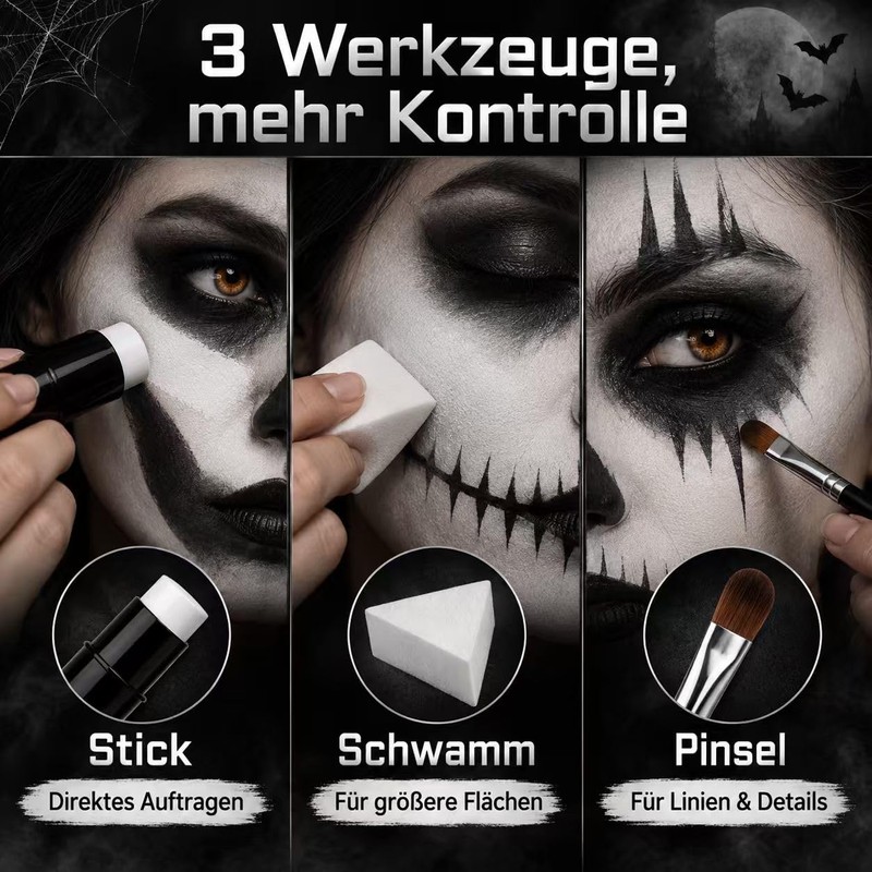 Halloween Make-Up Set Black White Theatre Makeup Sticks with Sponge
