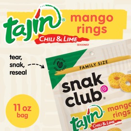 Snak Club Tajin Mango Rings Gummy Candy, Fruit Candy Gummies with Chili and Lime Seasoning, Mild, Gluten-Free and Vegan Snacks, 11 oz Resealable Bag