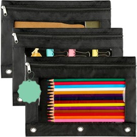 3 Ring Black Fabric Canvas Pencil Case, 3Pcs 3 Ring Binder Pencil Pouches Black Binder Pencil Pouch Canvas Pencil Case Mesh Window Pencil Cases,3 Ring Binder Pouch Zipper Pencil Case Canvas Pencil Bag