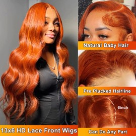 20 Inch Ginger Orange Lace Front Wigs Human Hair Body Wave 13x6 HD Lace Frontal Ginger Wig Human Hair 180 Density Transparent 350 Colored Human Hair Wigs for Women Pre Plucked With Baby hair