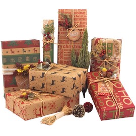 Christmas Wrapping Paper, Made from Recycled Kraft Paper, 12 Folded Sheets 70x50cm with 6 Vintage Designs (Bonus 10m Jute String and 10 Tags)