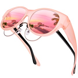 URUMQI Sunglasses for Glasses Wearers, Women's Over-Top Sunglasses, UV400 Protection, Anti-Glare Polarised Sunglasses, Fit Over Glasses, Ultra Light, A14 Matt Pink Frame/Pink Mirrored Lens