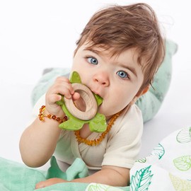 GRÜNSPECHT Organic Natural Rubber Teething Toy with Wooden Ring, Teething Aid & Toy, Massages Gums, BPA-Free, Promotes Fine Motor Skills, Turtle, Green (689-00), Pack of 1