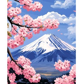NEWENMO Mount Fuji Paint by Numbers Adults, Cherry Blossom Paint by Numbers, DIY Pink Flowers, Hand Painted Oil Painting Kit, Painting by Numbers Kits with Brushes and Acrylic Paint, for Home