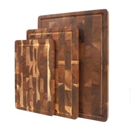 Acacia Wooden Cutting Boards for Kitchen,Solid Wood End Grain Cutting Board Set of 3,Wooden Trays for Meat, Fruit Vegetable and cheese,Non-Slip Design with Juice Groove,Built-in Handles Chopping Board
