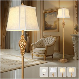 Vintage Farmhouse Floor Lamp with Nightlight, 65" Tall Standing Lamp with White Linen Fabric Shade, Antique Gold Finish, Elegant Reading Corner Light for Living Room, Bedroom, Office (Bulb Included)