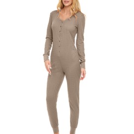 Alexander Del Rossa Women's Onesie Ribbed Waffle Knit Pajamas Set, Jumpsuit Romper for Adult Shadow Beige M (A0885SBGMD)